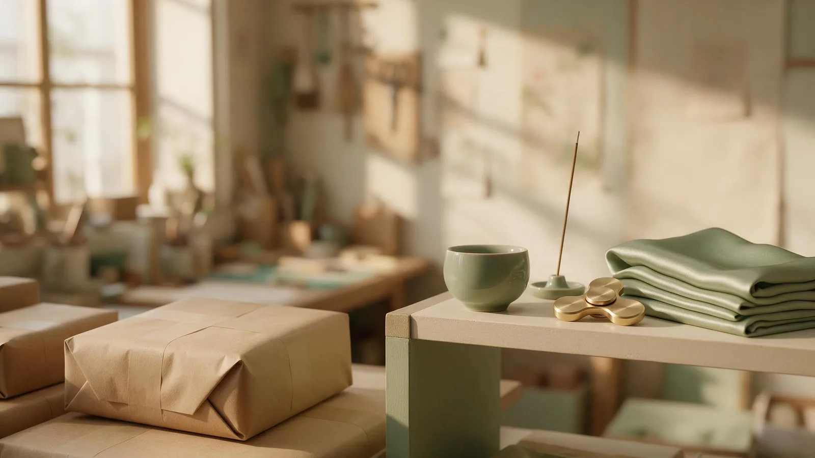 Packed parcels beside Chinese-inspired home goods — incense, ceramic cup and silk fabric (illustrative image)