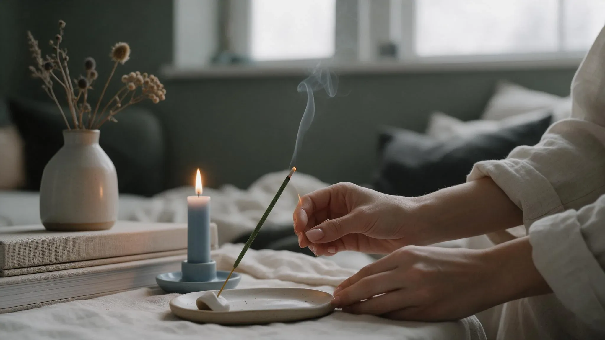 Lighting a natural incense stick in a calm home — from the ElovyrHaven collection