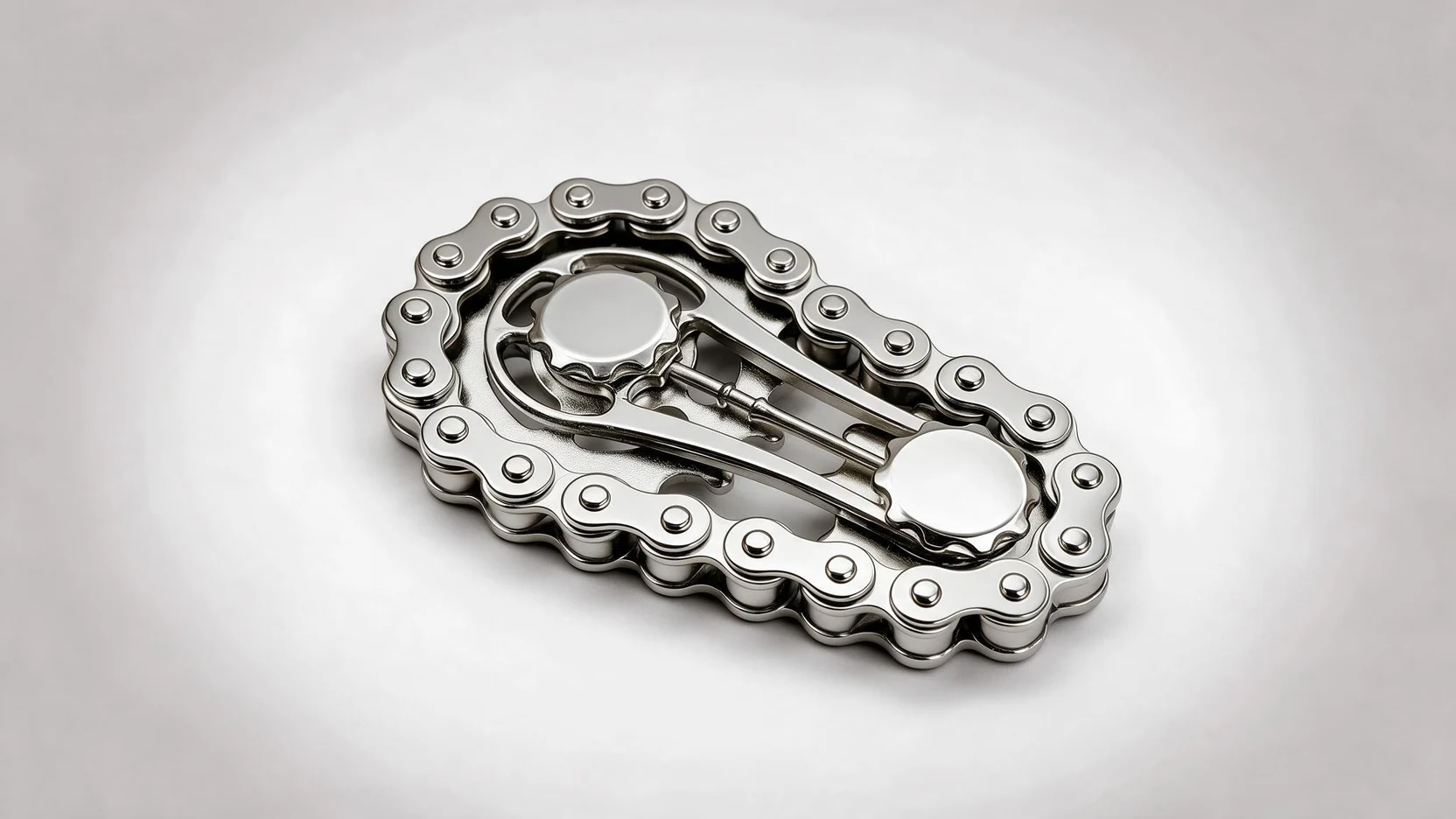 Finger Chain Gear Fidget Toy - Silver Metal EDC Fidget: on a desk in use