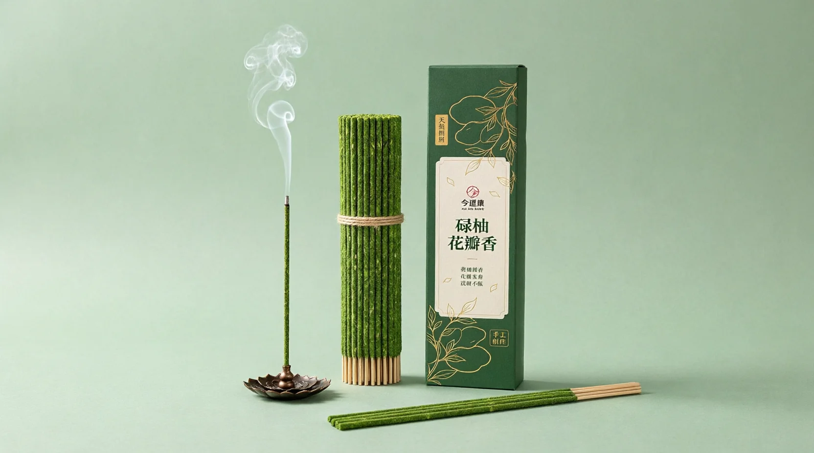 Hand blended green leaf incense beside a ceramic holder on a calm home surface